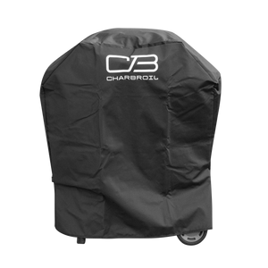 Black Char-Broil grill cover with logo and wheels.
