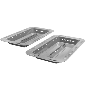 Silver metal grill trays with perforated design for outdoor cooking.