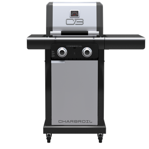 Black Char-Broil commercial-grade gas grill with control knobs and digital display.