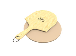 Char-Broil pizza stone with a wooden pizza peel, ideal for grilling and serving homemade pizza.