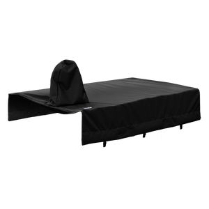 Black outdoor furniture cover with storage pouch.