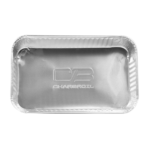 Silver Char-Broil disposable aluminum baking pan.