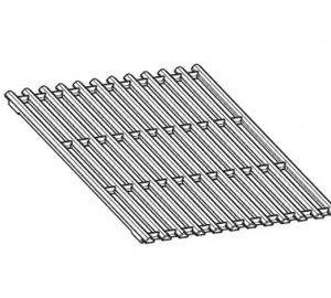 Metal grill grate with parallel bars and cross supports, ideal for cooking or ventilation. Rectangular shape, open design.