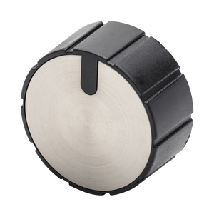 Large black and silver control knob with textured grip and indicator line, suitable for electronics or appliances.