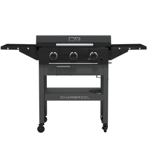Black Char-Broil gas grill with three burners and side shelves.