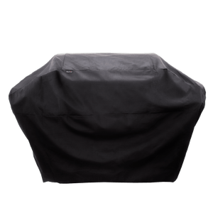 Black grill cover protecting a Char-Broil gas grill, shown against a white background.