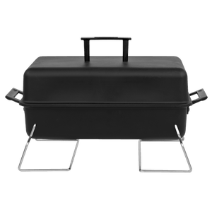 Black portable grill with foldable legs and handles.