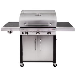Char-Broil stainless steel 3-burner gas grill with side burner, cabinet storage, and side shelf on wheels.