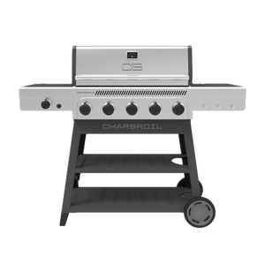 Silver Char-Broil Performance Series gas grill with five burners and side shelves.