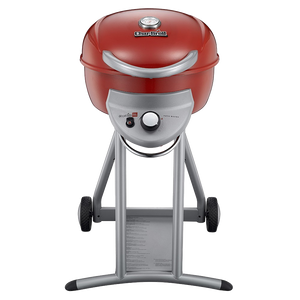 Front view of a red Char-Broil electric grill on a silver stand with wheels and a temperature gauge.
