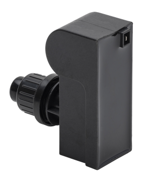 Black plastic irrigation dripper with adjustable nozzle and rectangular body, suitable for garden watering systems.
