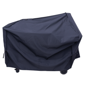 Dark blue outdoor grill cover with wheels, protective fabric.