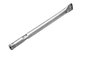 Stainless steel gas grill burner tube with perforated holes, cylindrical shape, and angled mounting bracket.