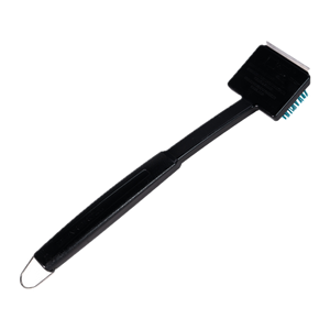 Black grill cleaning brush with a long handle and bristles, designed for scrubbing Char-Broil grill grates.