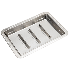 Stainless steel smoker box tray with perforated slots for grilling; rectangular with raised edges and vent holes.