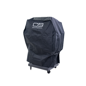 Black Char-Broil grill cover on a trolley.