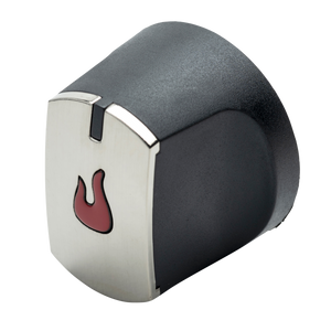 Black and silver gas stove knob with a red flame icon on the front, ergonomic and easy to grip.