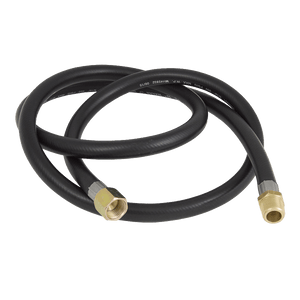 Black flexible hose with brass fittings, coiled.