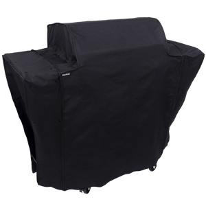 Black Char-Broil grill cover protecting a large outdoor grill, shown on wheels for easy mobility.
