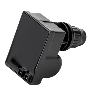 Black plastic automotive sensor with a square face and connector ports, designed for easy installation and secure fit.
