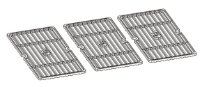 Three rectangular metal grill grates with parallel bars and central circular cutouts, shown side by side.