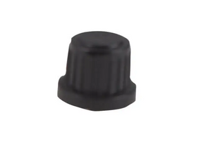 Black plastic valve cap with ridged sides, hexagonal base, and flat top; used for sealing tire valve stems.