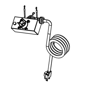 Electric heating element with control box, coiled wire, and plug. Box features dial and two protruding terminals.