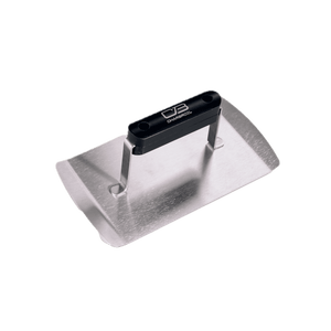 Stainless steel grill press with a black handle, flat rectangular base, ideal for pressing burgers or sandwiches.