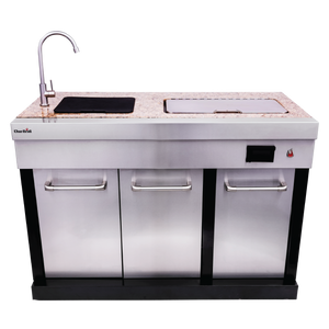 White Char-Broil outdoor kitchen unit with sink, countertop, and storage drawers.