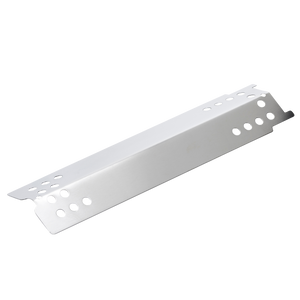 Stainless steel grill heat plate with multiple round holes, angled ends, and smooth finish.