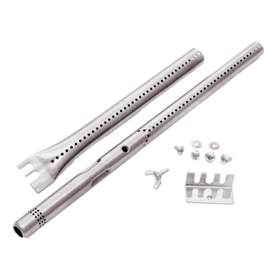 Silver gas burner tubes with holes and hardware components.