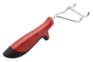 Red and black ergonomic garden weeder with a metal forked tip for easy weed removal.
