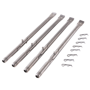 Silver metal grill burner tubes with multiple holes for gas distribution.