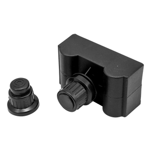 Black plastic corner bracket with adjustable knob and separate cap.