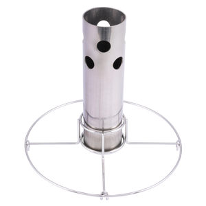 Silver cylindrical container with black dots, held by a metal stand.