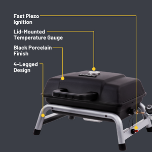 Black porcelain finish grill with fast piezo ignition, lid-mounted temperature gauge, and 4-legged design.