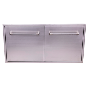Stainless steel double access doors for outdoor kitchen or built-in grill island, featuring horizontal handles.