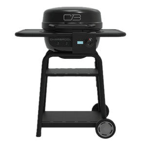Black Char-Broil electric grill with control panel and wheels.
