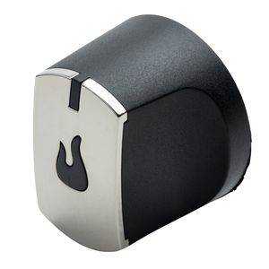 Black and silver grill knob with flame icon, textured grip, and rounded design for easy turning and visibility.