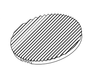 Round, ridged potato chip with diagonal grooves, shown in a simple black and white outline.