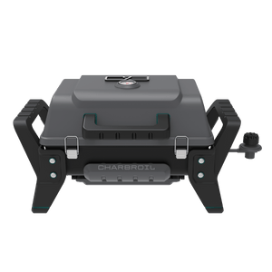 Black Char-Broil electric grill with control knobs and side handles.
