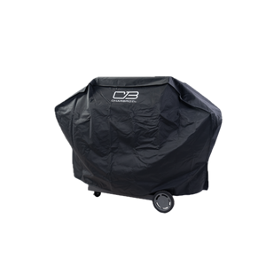 Black Char-Broil grill cover with wheels.