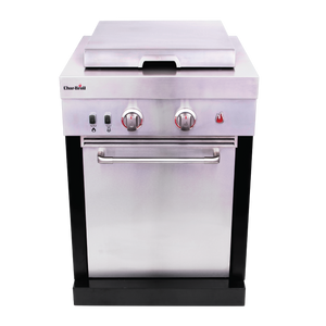 White Char-Broil electric grill with control knobs and oven door.