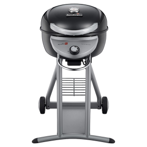 Char-Broil electric patio grill with lid thermometer, control knob, and wheeled stand for easy outdoor cooking.