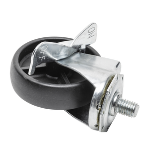 Black caster wheel with metal bracket and ON/OFF lever, threaded stem for easy attachment.