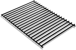 Black metal grill grate with parallel bars, rectangular shape, ideal for grilling or oven use.