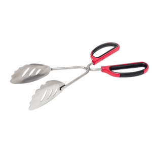 Red and black tongs with stainless steel heads.