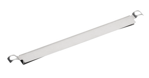 Stainless steel heat tent for grills; rectangular with curved ends and mounting holes.