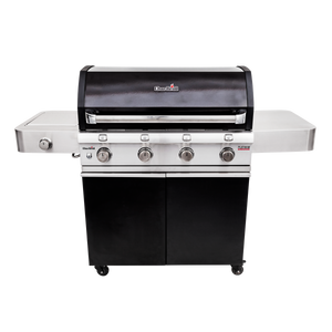 Char-Broil Platinum 4-burner gas grill with side burner, stainless steel finish, and storage cabinet.