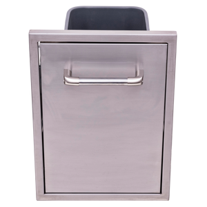 Stainless steel drawer with handle and black top.